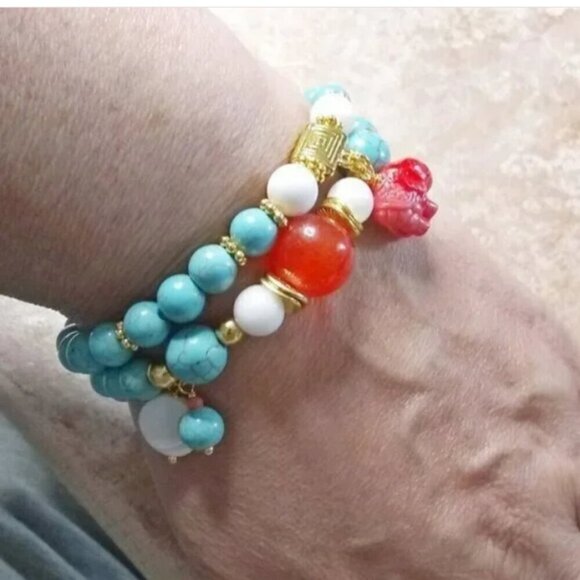 Elephant Lovers Bracelet ~ Aqua White + Salmon Stretch Bracelet ~ 7-7.5" Wrist - Picture 7 of 8